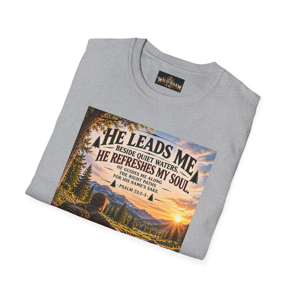 Men's He Leads Me Psalm 23 Scenic T-Shirt — Christian Faith Outdoors Graphic Tee