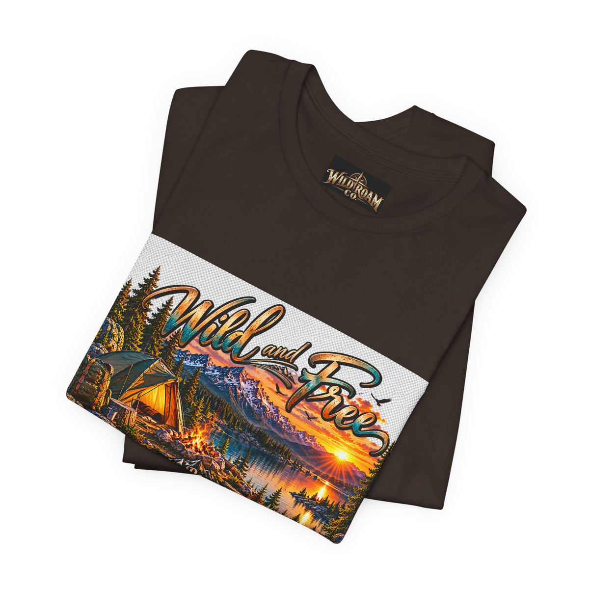 Wild and Free Camping T-Shirt — Mountain Lake Sunset Graphic Tee