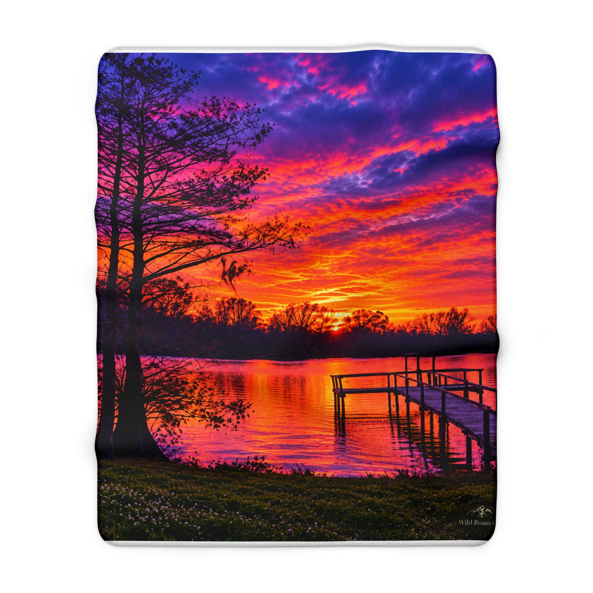 Sunset Lake Sherpa Blanket — Vibrant Dock & Sky Fleece Throw